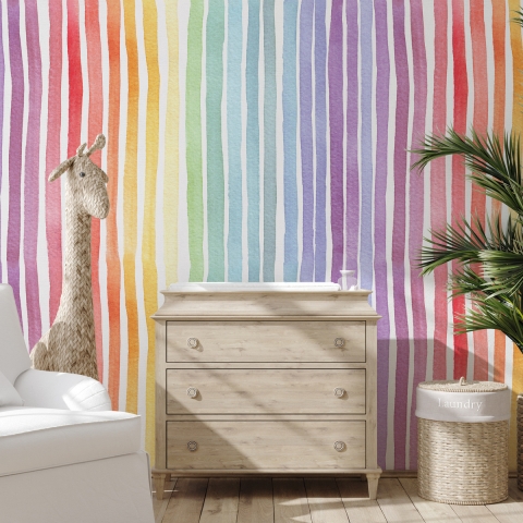 Papier peint adhésif coloré pour chambre d'enfant Rayures Arc-en-ciel Promotion
