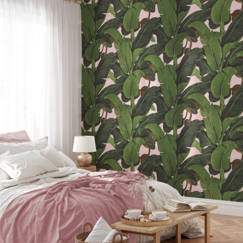 Papier peint floral jungle pour salon Feuilles de Bananiers Roses Promotion