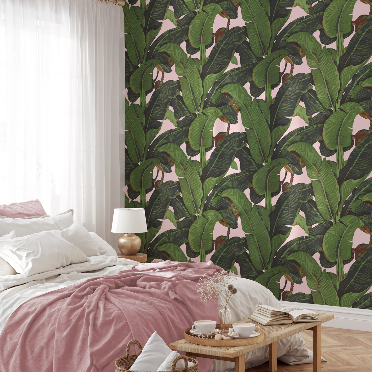 Papier peint floral jungle pour salon Feuilles de Bananiers Roses Promotion