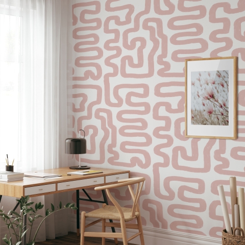 Papier peint moderne design géométrique Abstrait Blanc et Rose Promotion