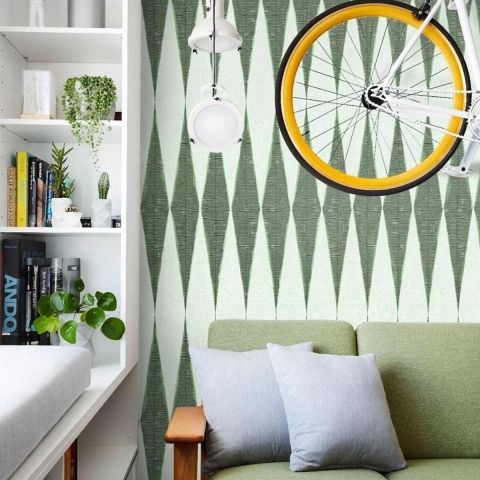 Papier peint vert design géométrique vintage pour salon Chevron Promotion