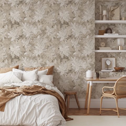 Papier peint beige élégant à motif floral pour chambre à coucher Feuilles Edera Promotion