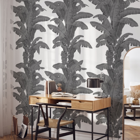 Papier peint urban jungle plantes blanc et gris Palmes Exotiques Promotion
