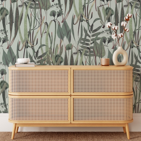 Papier peint salon avec plantes et feuilles jungle Botanica Verde Promotion