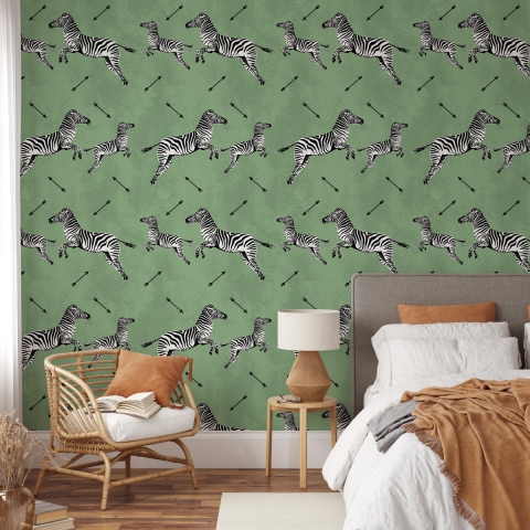 Papier peint vert adhésif pour chambre avec motif zèbres Promotion