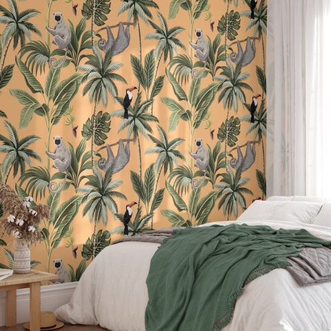Papier peint jungle orange avec feuilles et animaux Jungla Tropicale Promotion