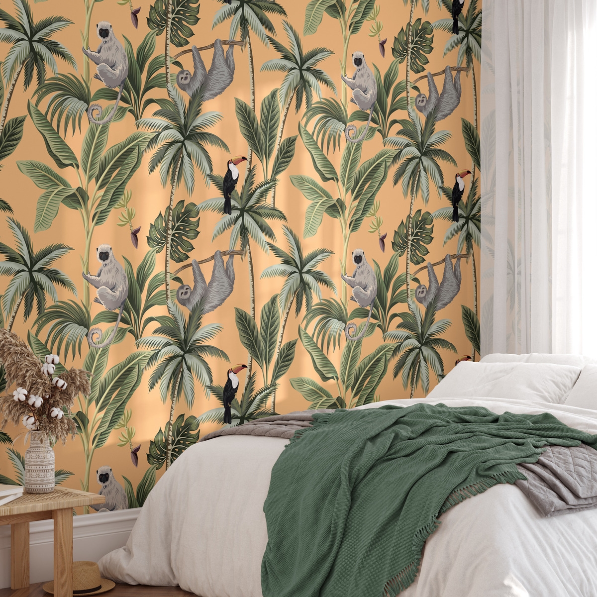 Papier peint jungle orange avec feuilles et animaux Jungla Tropicale Promotion