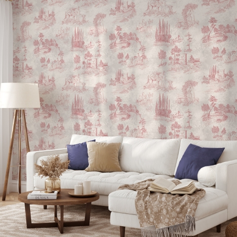 Papier peint vintage avec paysages roses pour salon Toile de Jouy Rosa Promotion
