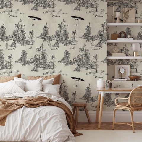 Papier peint forêt vintage noir et blanc Toile de Jouy Ufo Nero Promotion