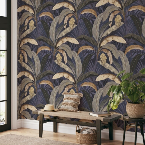 Papier peint plantes nature jungle fond bleu Giungla Botanica Promotion