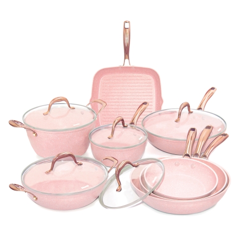 Batterie de cuisine 13 pièces effet granit rose avec manche en acier Stonerose Promotion