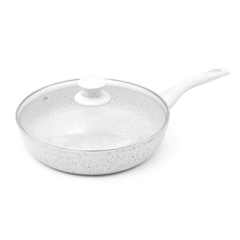 Poêle antiadhésive 28cm avec couvercle et manche en bois blanc Stonewhite Promotion