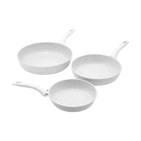 Ensemble 3 poêles antiadhésives avec manche bois blanc Bisetti Stonewhite Promotion