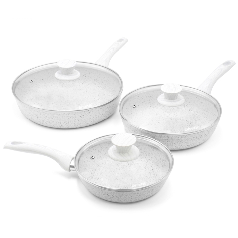 Ensemble de 3 poêles antiadhésives en aluminium avec couvercles Bisetti Stonewhite Promotion