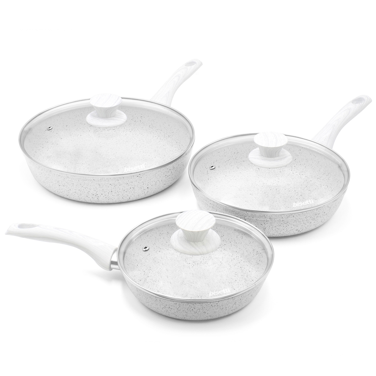 Ensemble de 3 poêles antiadhésives en aluminium avec couvercles Bisetti Stonewhite Promotion Ensemble de 3 poêles antiadhésives en aluminium avec couvercles Bisetti Stonewhite Promotion