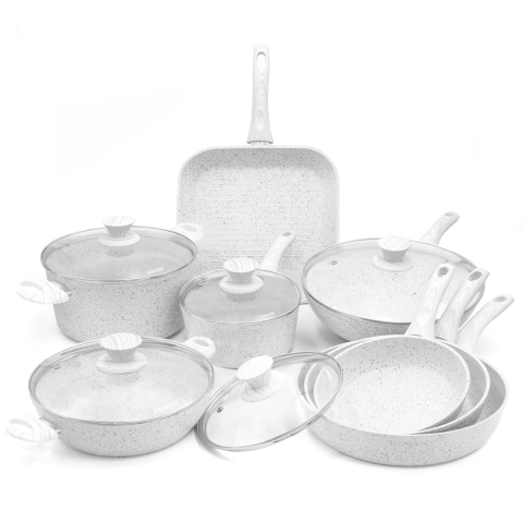 Batterie 13 pièces casseroles poêles grille antiadhésives Stonewhite Promotion