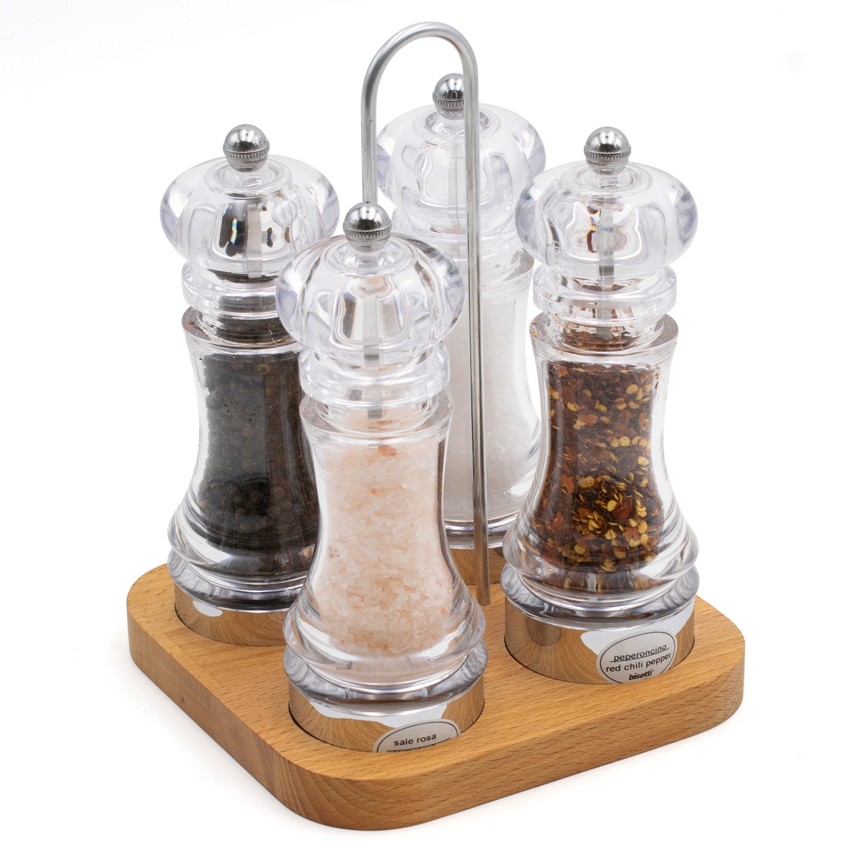 Ensemble moulin à poivre et sel épices 4 pièces avec base en bois de hêtre Bisetti Promotion Ensemble moulin à poivre et sel épices 4 pièces avec base en bois de hêtre Bisetti Promotion