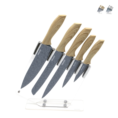 Ensemble de 5 couteaux en acier inoxydable avec bloc transparent Pierre Gourmet Promotion