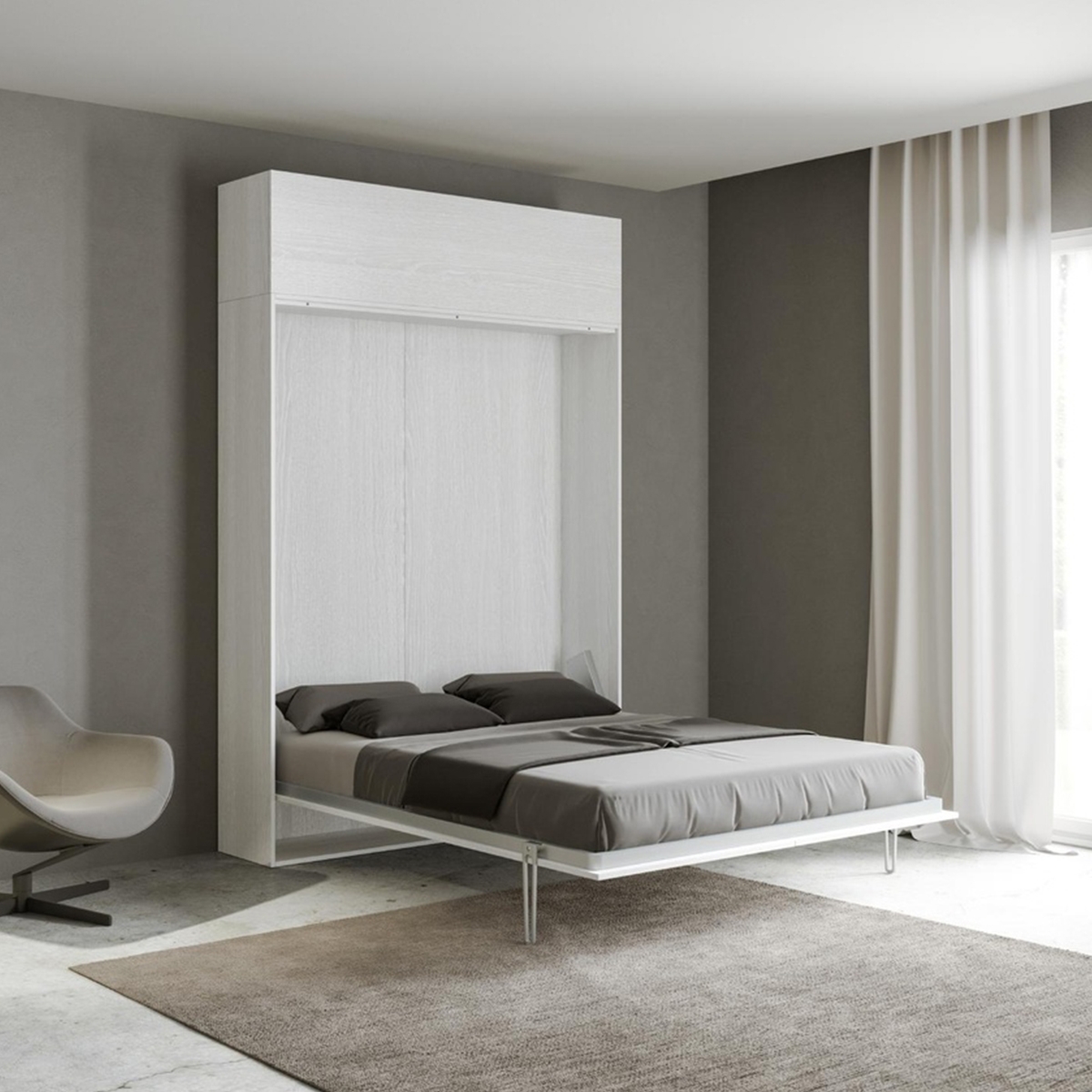 Lit escamotable double avec placard basculant blanc Kentaro