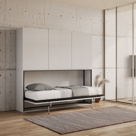 Lit escamotable mural simple avec armoire blanche Kando D Promotion