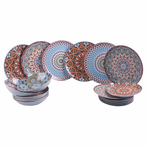 Service de table 18 pièces en porcelaine, assiettes décorées style exotique Casablanca Promotion