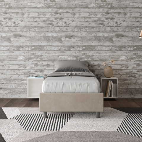 Lit simple 90x190cm rembourré en tissu beige avec sommier Azelia Promotion