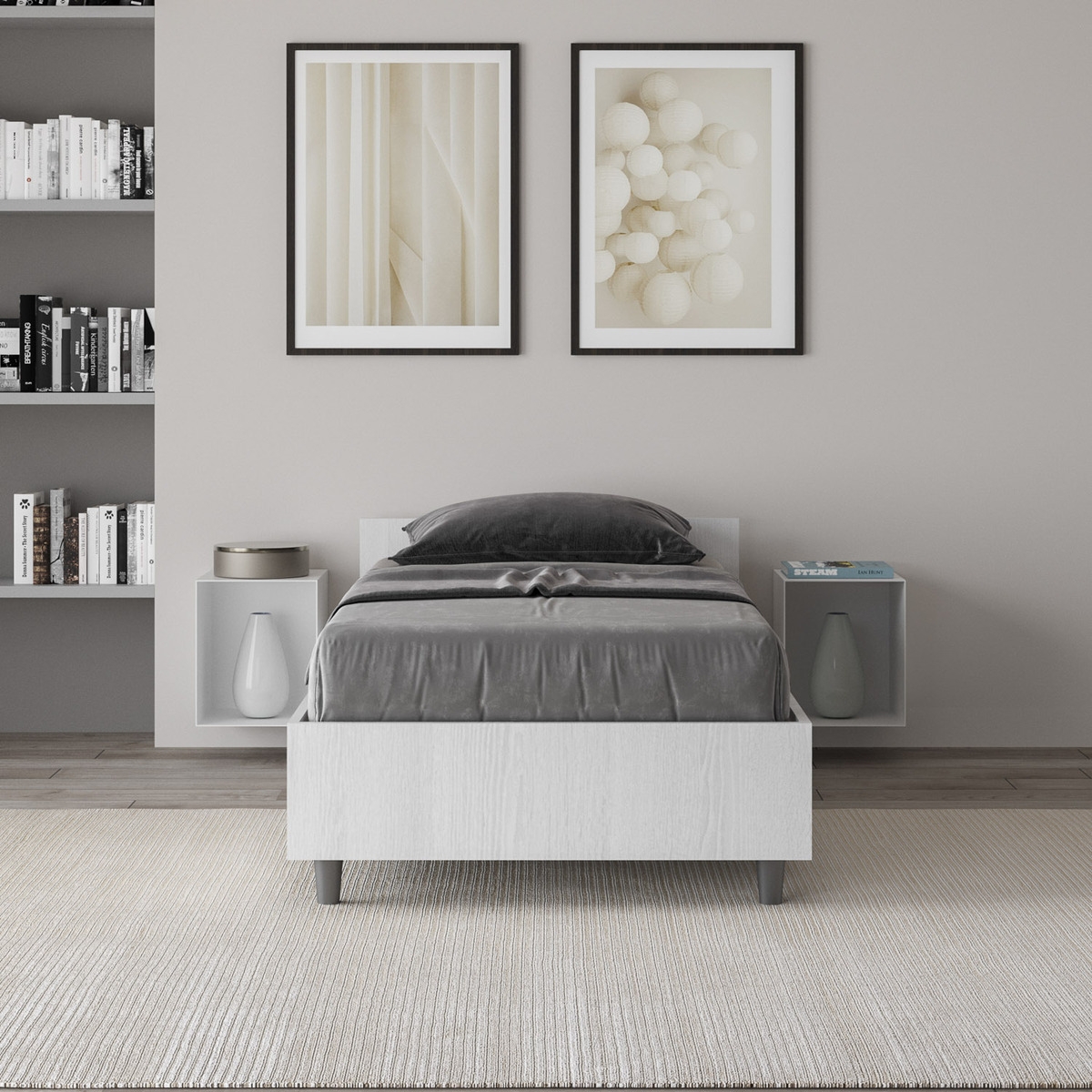 Lit simple avec rangement 80x190 en bois blanc Nuamo Promotion