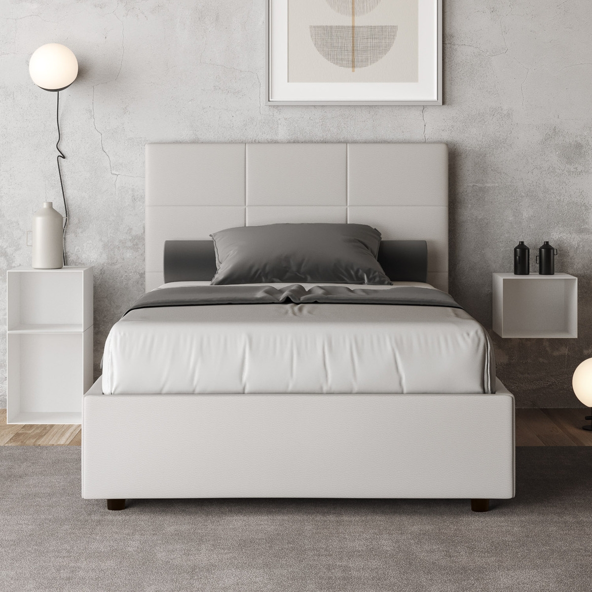 Lit double 140x190 similicuir blanc avec coffre tête de lit Mika