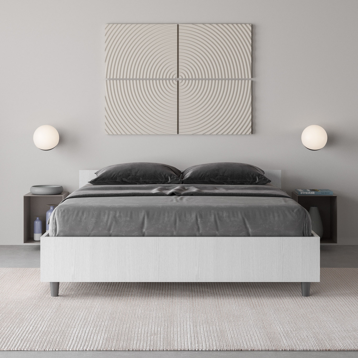 Lit double français avec rangement 140x190 en bois blanc Nuamo