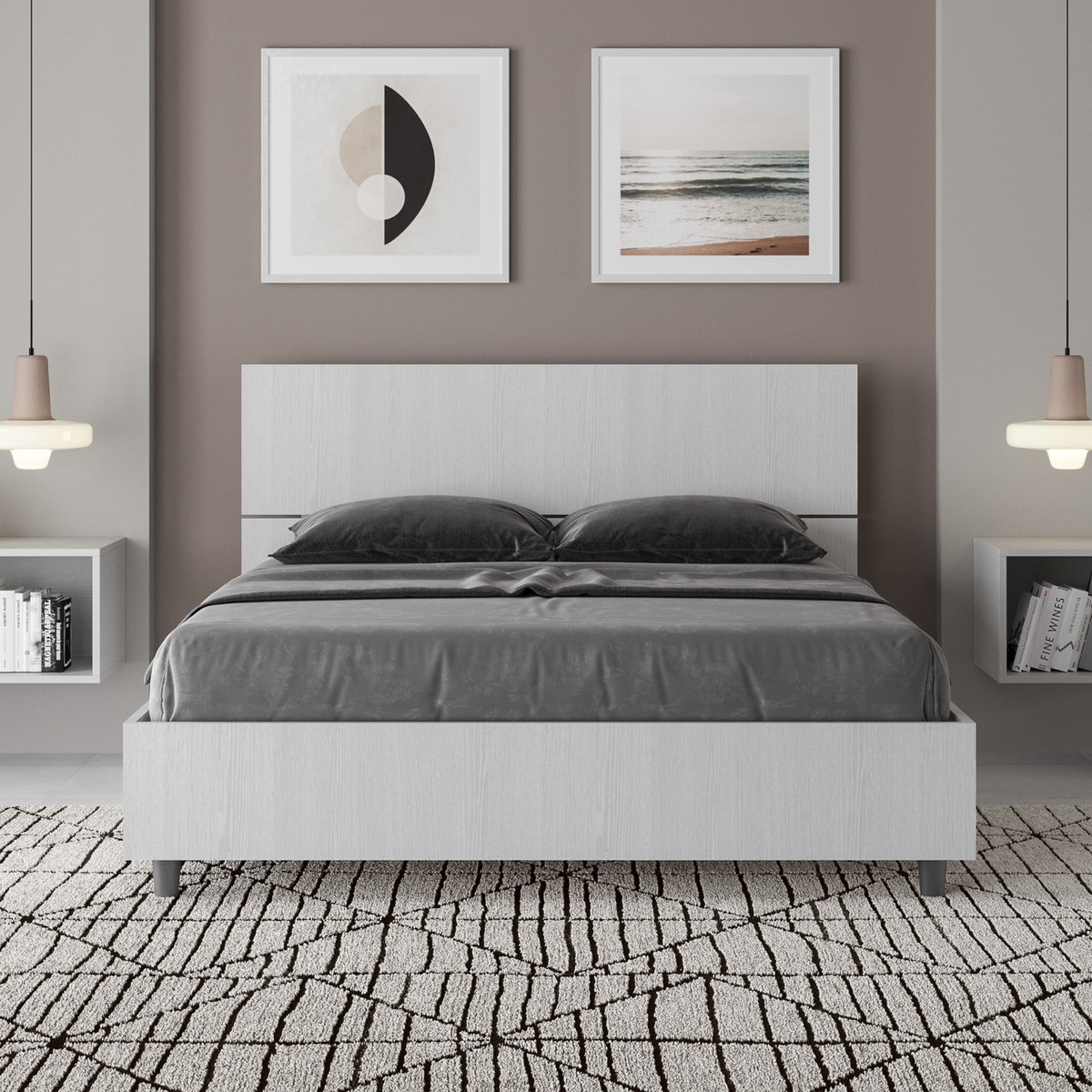Lit double français 140x190 tête de lit droite bois blanc Demas