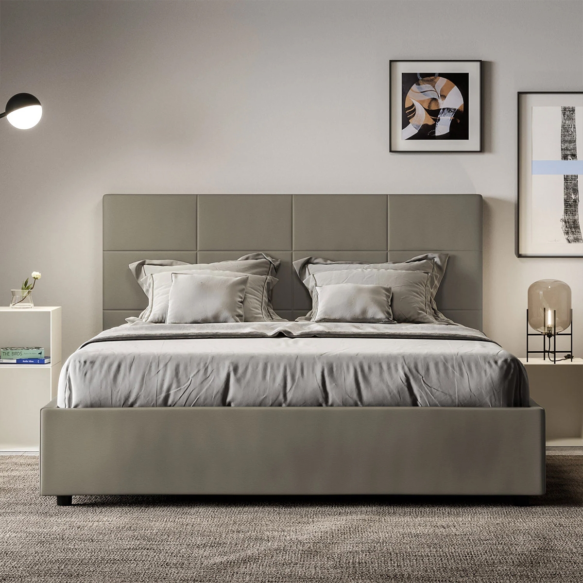 Lit double avec coffre 160x190 en similicuir beige Mika