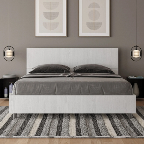 Lit double 160x190 design moderne blanc avec sommier et tête de lit Demas Promotion