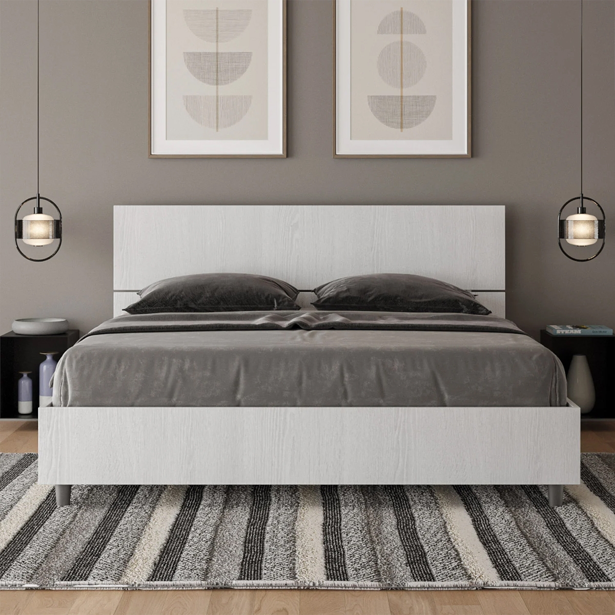 Lit double 160x190 design moderne blanc avec sommier et tête de lit Demas Promotion Lit double 160x190 design moderne blanc avec sommier et tête de lit Demas Promotion