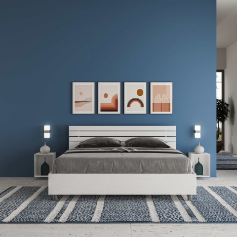 Lit double 160x190cm en bois blanc avec sommier et tête de lit Ankel Promotion