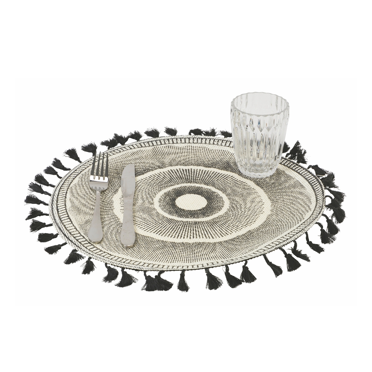 Ensemble de 6 sets de table décoratifs design géométrique 38cm Noir avec franges Promotion Ensemble de 6 sets de table décoratifs design géométrique 38cm Noir avec franges Promotion