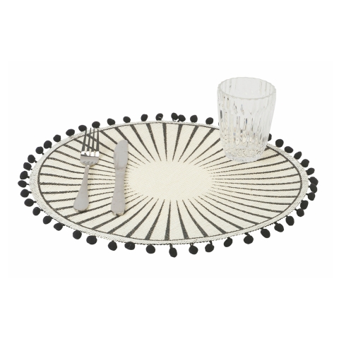 Ensemble de 6 sets de table ronds avec pompons design géométrique 38 cm Noir Promotion