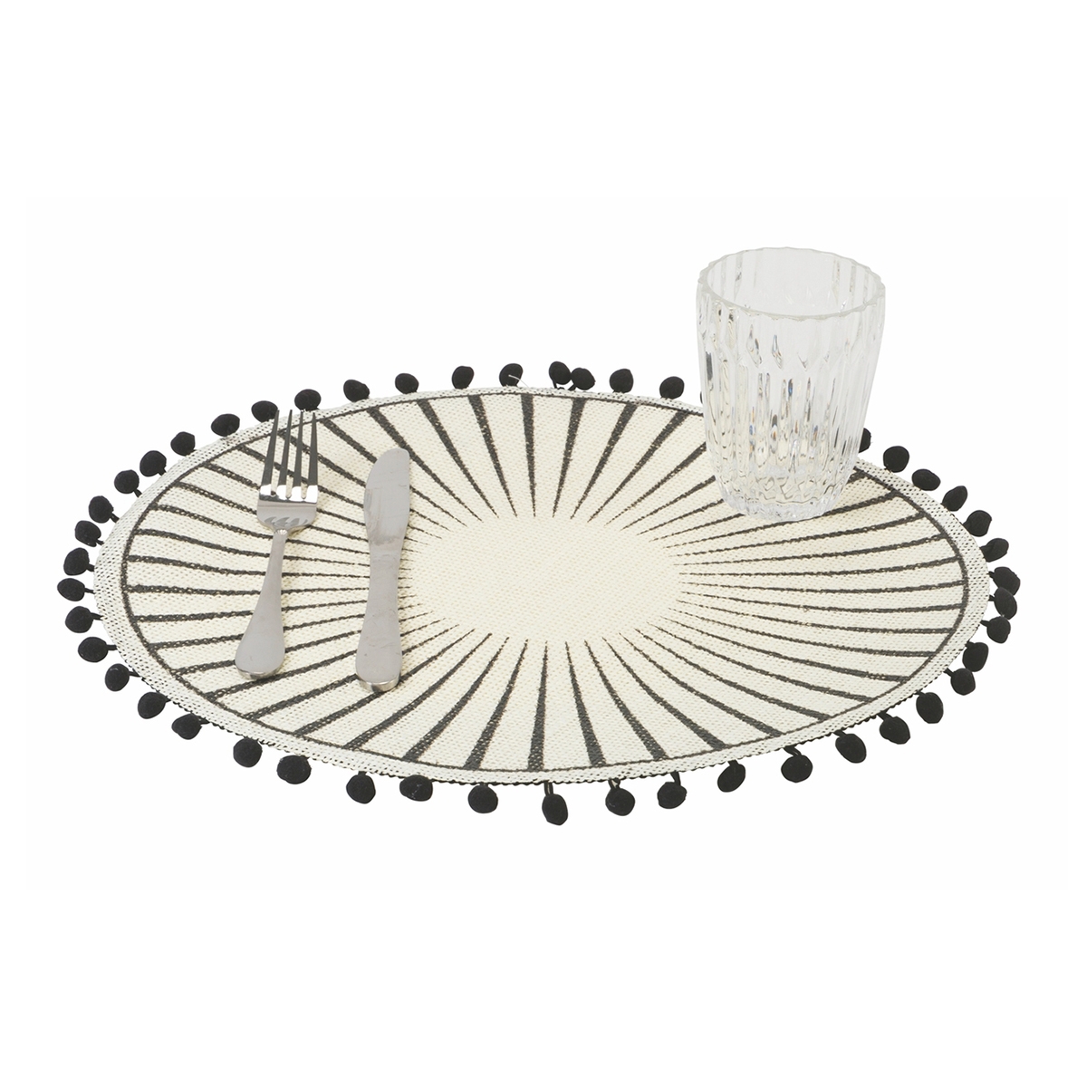 Ensemble de 6 sets de table ronds avec pompons design géométrique 38 cm Noir Promotion Ensemble de 6 sets de table ronds avec pompons design géométrique 38 cm Noir Promotion