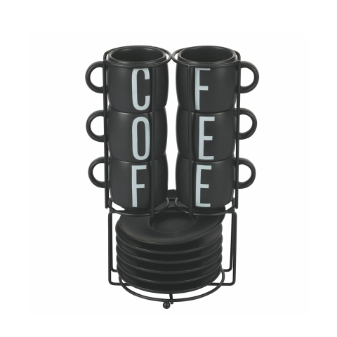 Ensemble de 6 tasses à café avec soucoupes en grès et support en acier Bigismore Promotion