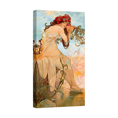 Impression sur toile canvas femme avec motifs floraux Été Alphonse Mucha Promotion