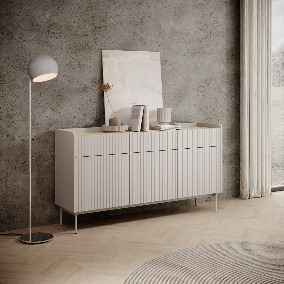 Buffet de salon design moderne beige 3 tiroirs 3 portes Bitter