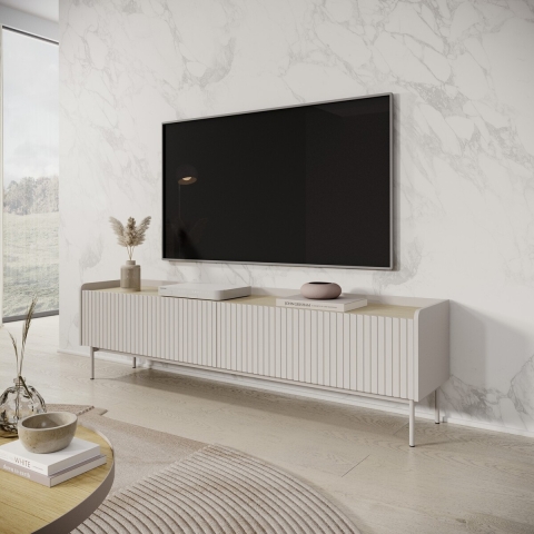 Meuble TV bas moderne 2 portes abattantes beige 153x50x38 Bitter Promotion
