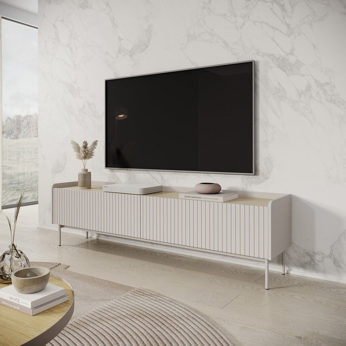 Meuble TV bas moderne 2 portes abattantes beige 153x50x38 Bitter Promotion