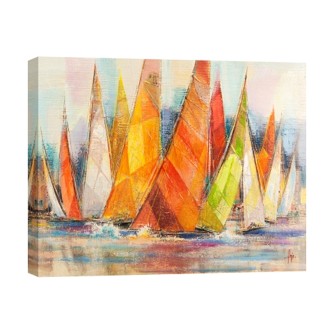 Impression sur toile tableau moderne avec bateaux Regata di colori Luigi Florio Promotion