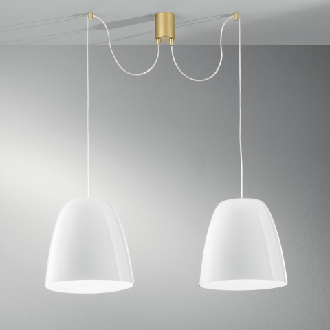 Suspension à deux lumières en métal doré et verre blanc Ares LS Promotion