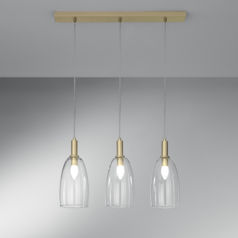 Suspension dorée trois lumières abat-jours en verre Brandy 3LS Promotion