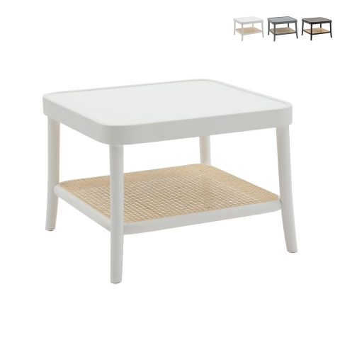 Table basse carrée en bois laqué avec étagère en paille de Vienne Thomas Promotion