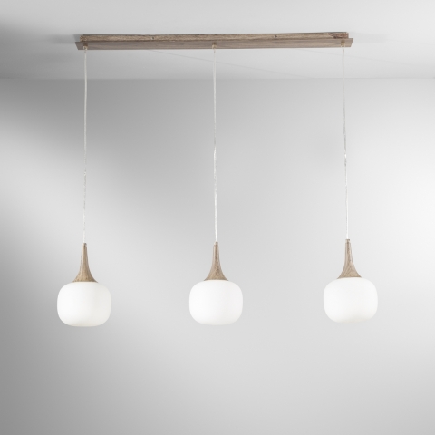 Suspension effet bois 3 lumières verre blanc opale Jaipur Promotion