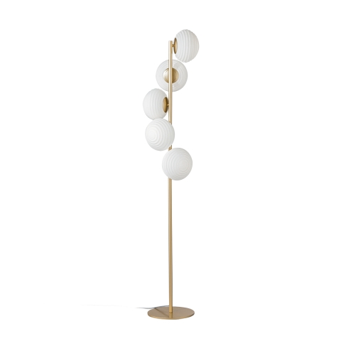 Lampadaire en métal doré avec 5 abat-jours en verre blanc soufflé Ripple Promotion