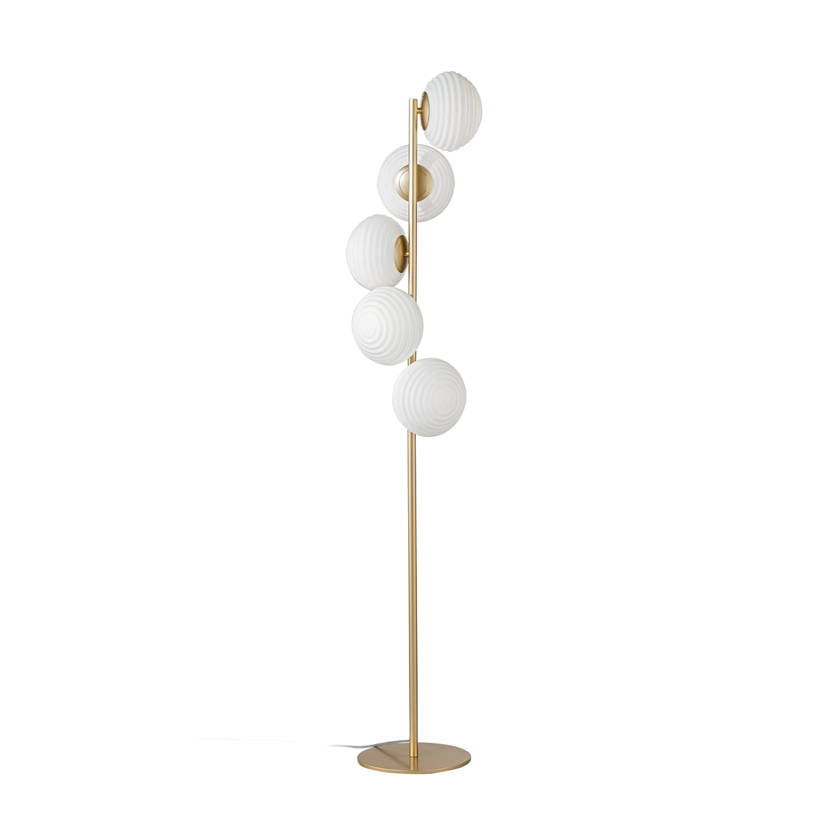 Lampadaire en métal doré avec 5 abat-jours en verre blanc soufflé Ripple