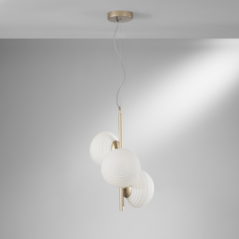 Lustre en métal doré 3 lumières en verre blanc pour salon Ripple Promotion